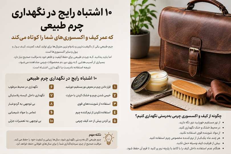 ۱۰ اشتباه رایج در نگهداری چرم طبیعی | راهنمای افزایش عمر کیف و کمربند چرمی